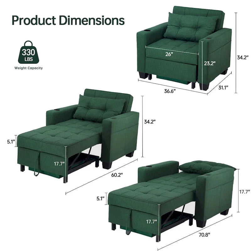 Futon-Sesselbett, umwandelbarer Sessel, 3-in-1, ausziehbarer Schlafzimmersessel für das Wohnzimmer