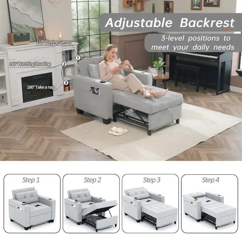 Futon-Sesselbett, umwandelbarer Sessel, 3-in-1, ausziehbarer Schlafzimmersessel für das Wohnzimmer