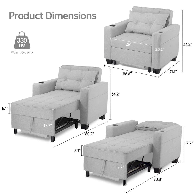Futon-Sesselbett, umwandelbarer Sessel, 3-in-1, ausziehbarer Schlafzimmersessel für das Wohnzimmer