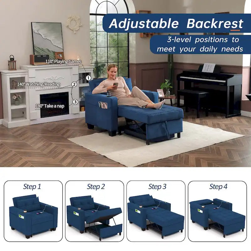 Futon-Sesselbett, umwandelbarer Sessel, 3-in-1, ausziehbarer Schlafzimmersessel für das Wohnzimmer