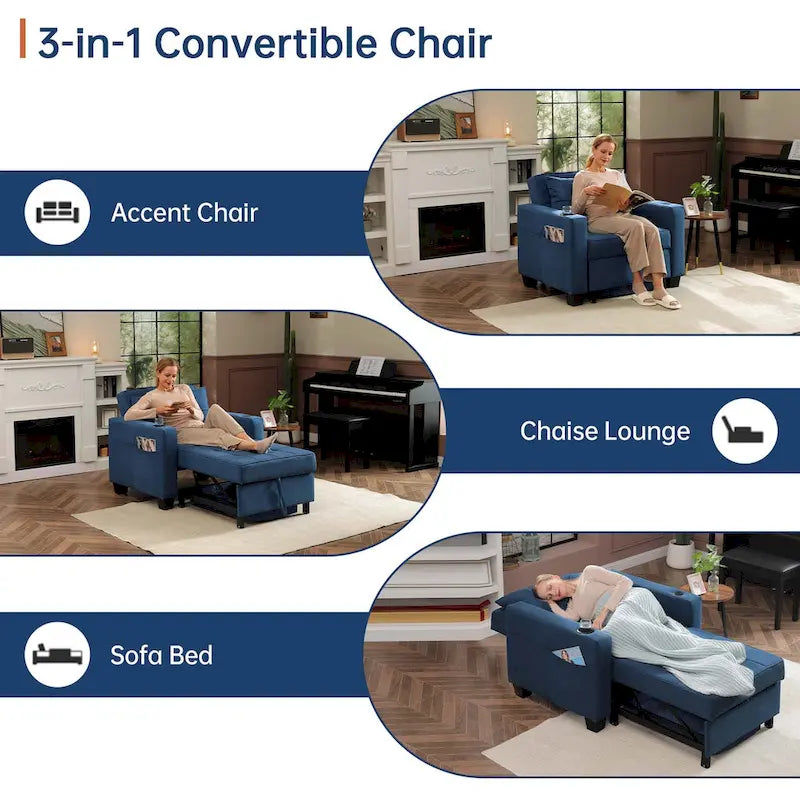 Futon-Sesselbett, umwandelbarer Sessel, 3-in-1, ausziehbarer Schlafzimmersessel für das Wohnzimmer