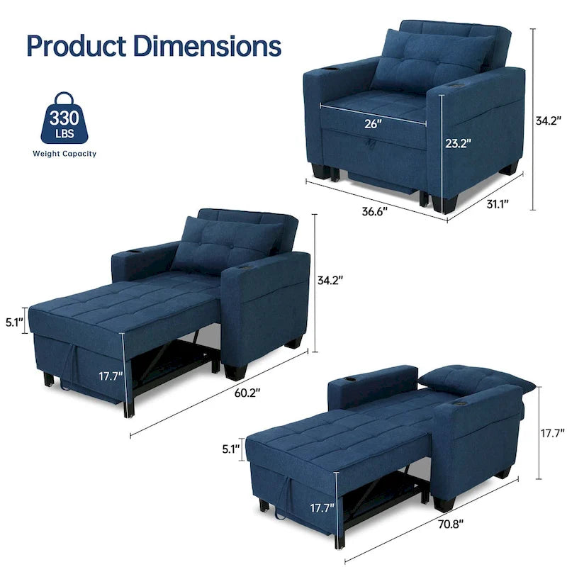 Futon-Sesselbett, umwandelbarer Sessel, 3-in-1, ausziehbarer Schlafzimmersessel für das Wohnzimmer