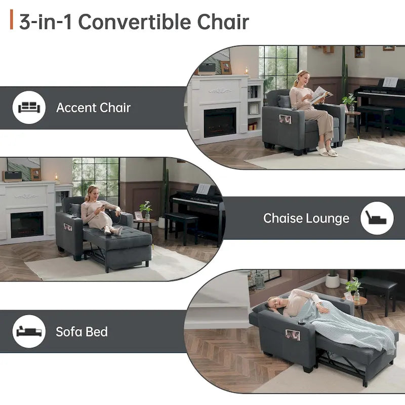 Futon-Sesselbett, umwandelbarer Sessel, 3-in-1, ausziehbarer Schlafzimmersessel für das Wohnzimmer
