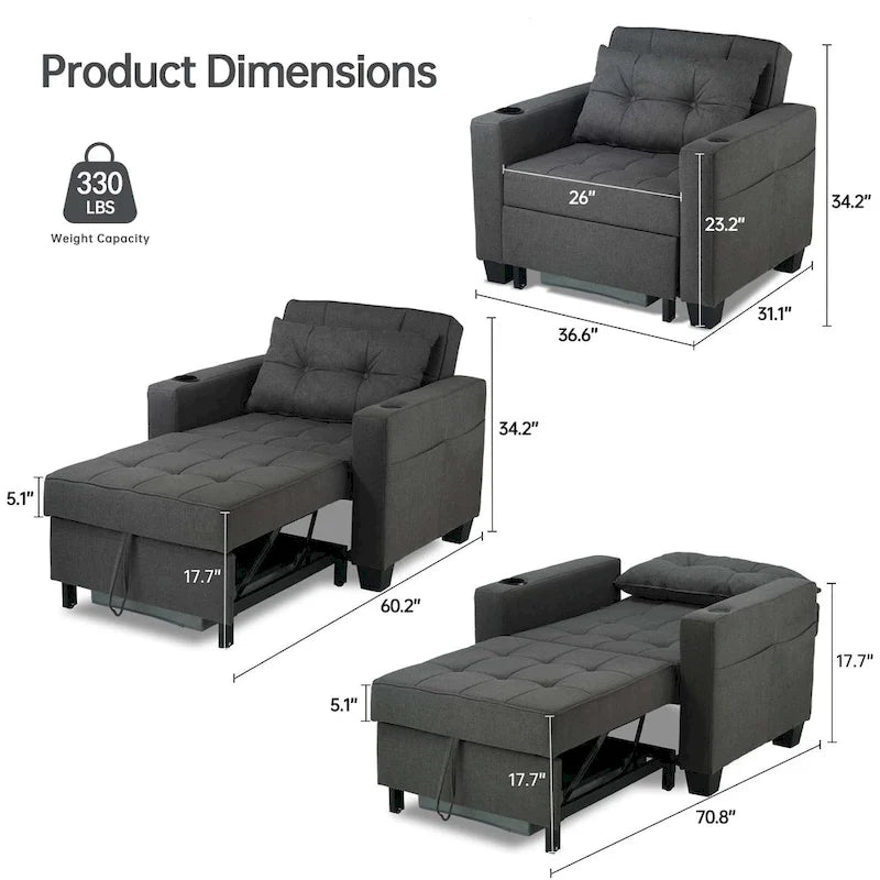Futon-Sesselbett, umwandelbarer Sessel, 3-in-1, ausziehbarer Schlafzimmersessel für das Wohnzimmer