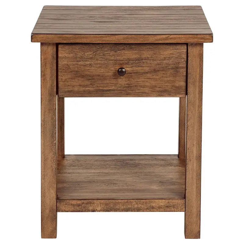 Beistelltisch mit 1 Ablage und 1 Schublade, braunes Holz, quadratisch 50 cm