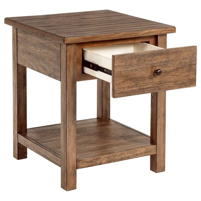 Beistelltisch mit 1 Ablage und 1 Schublade, braunes Holz, quadratisch 50 cm