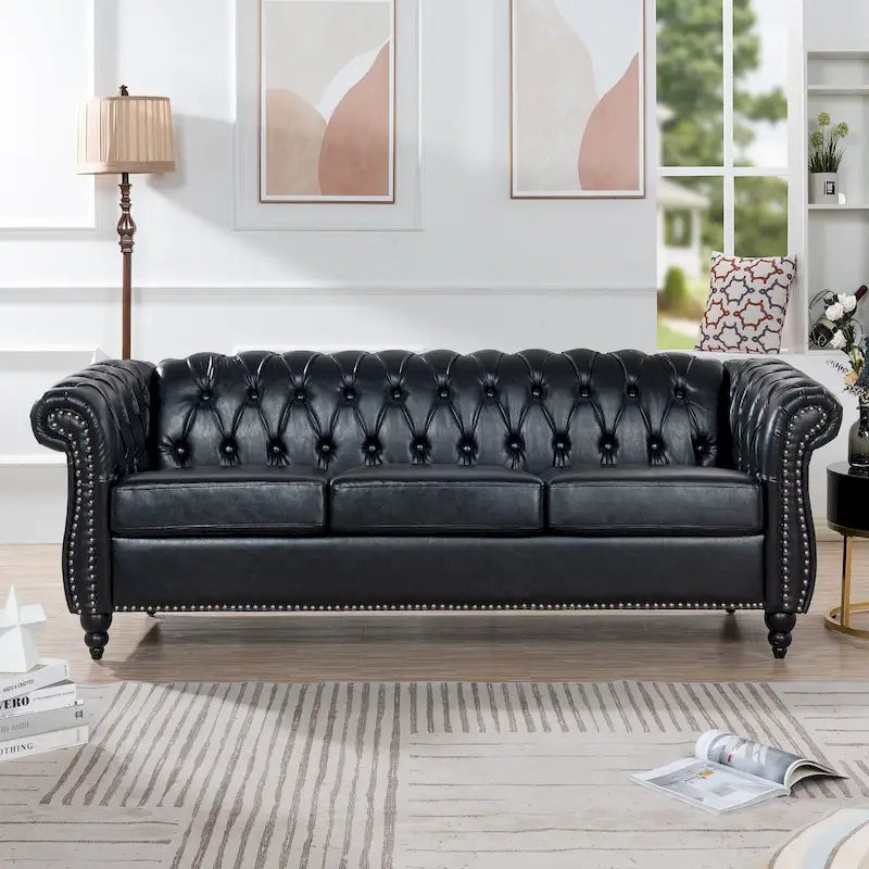 Kunstleder Chesterfield Dreisitzer-Sofa mit gerollten Armlehnen