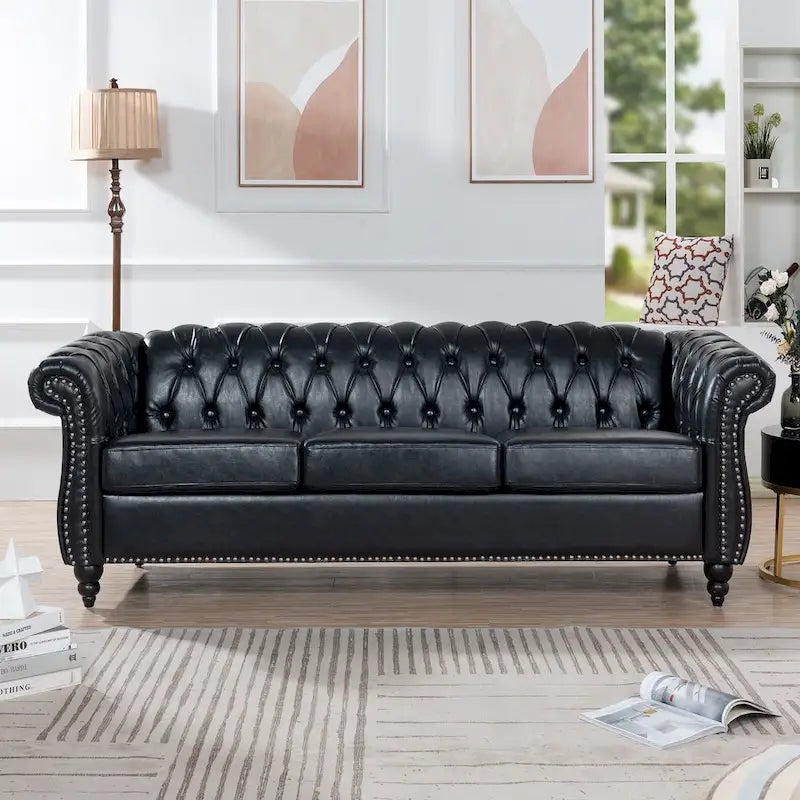 Faux Leather Rolled Arm Chesterfield Three Seater Sofa