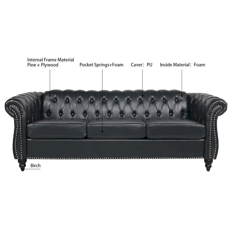 Kunstleder Chesterfield Dreisitzer-Sofa mit gerollten Armlehnen