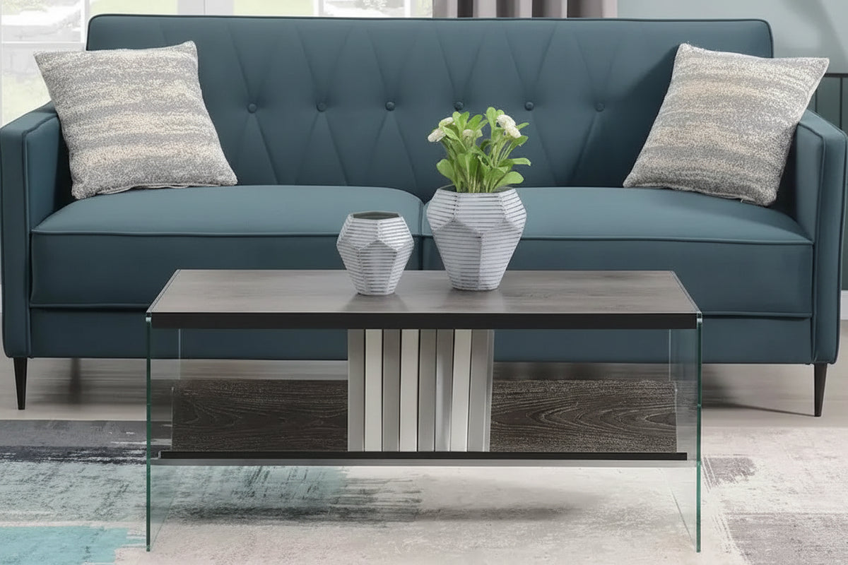 Couchtisch aus Glas mit Ablage