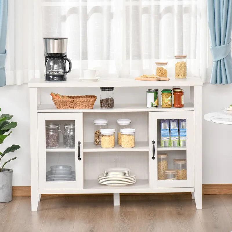 HOMCOM Farmhouse Sideboard Buffet Cabinet, Coffee Bar Cabinet with Storage Shelves, Kitchen Cabinet with 2 Framed Glass Doors