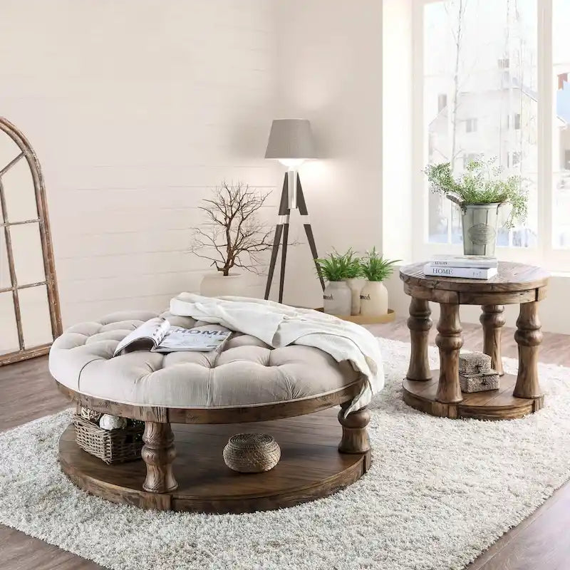 Rustikaler runder Couchtisch mit Stoffbezug, Knopfheftung und einer Ablage, 48 Zoll