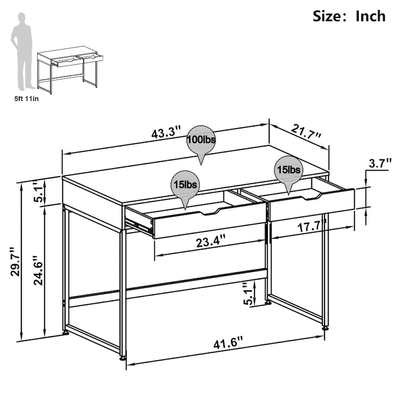 43 Zoll Home Office Computertisch mit 2 Schubladen, moderner Schreibtisch