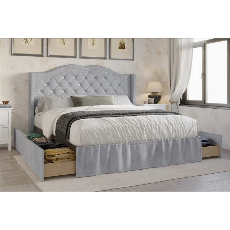 Gepolstertes Stauraum-Paneelbett mit Knöpfen