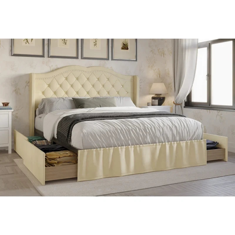 Gepolstertes Stauraum-Paneelbett mit Knöpfen