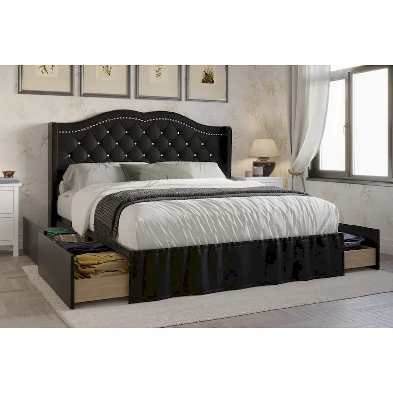 Gepolstertes Stauraum-Paneelbett mit Knöpfen