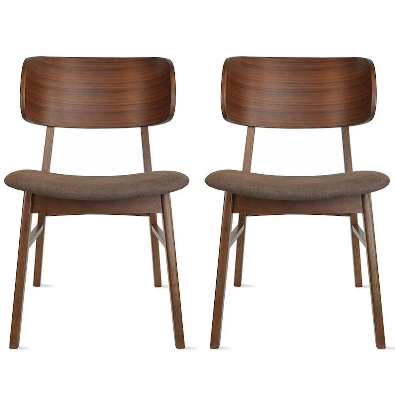 Set of 2 Retro Brown Wood Leg Dining Room Chair With Curved Back Fabric Cushions Upholstered Seat