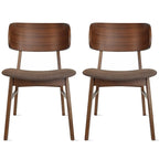 Set of 2 Retro Brown Wood Leg Dining Room Chair With Curved Back Fabric Cushions Upholstered Seat