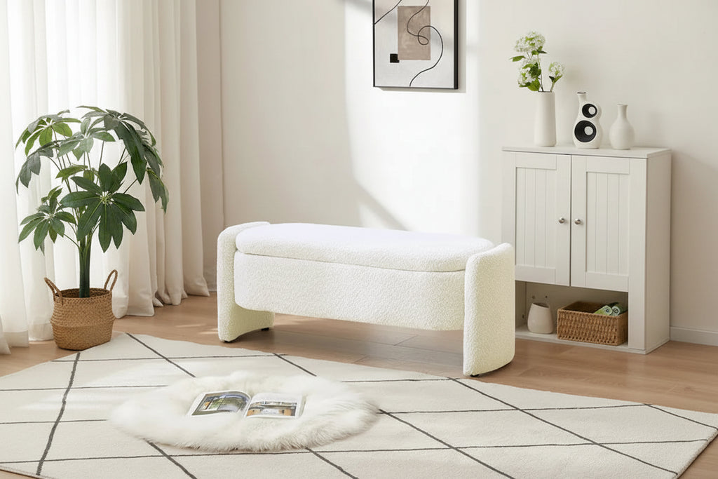 Ottoman 3D Lamb Fleece Fabric Storage Bench w/ Large Storage Space